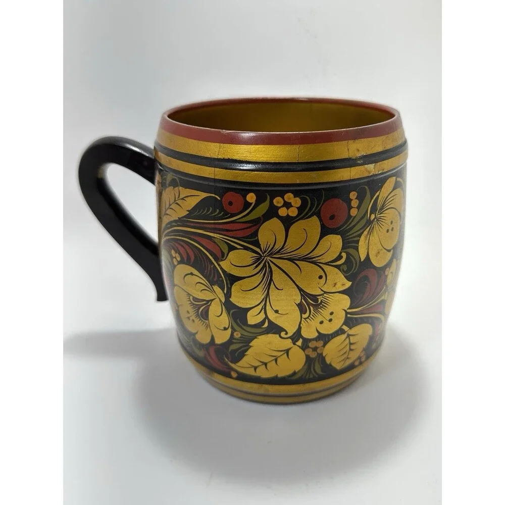 Russian Khokhloma Hand-Painted Lacquered Wood Bowl + Spoon Set Folk Art